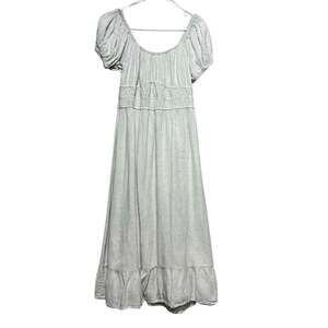 Sim & Sam Maxi Dress Womens Large Ivory Smocked Puff Sleeve Rayon Linen